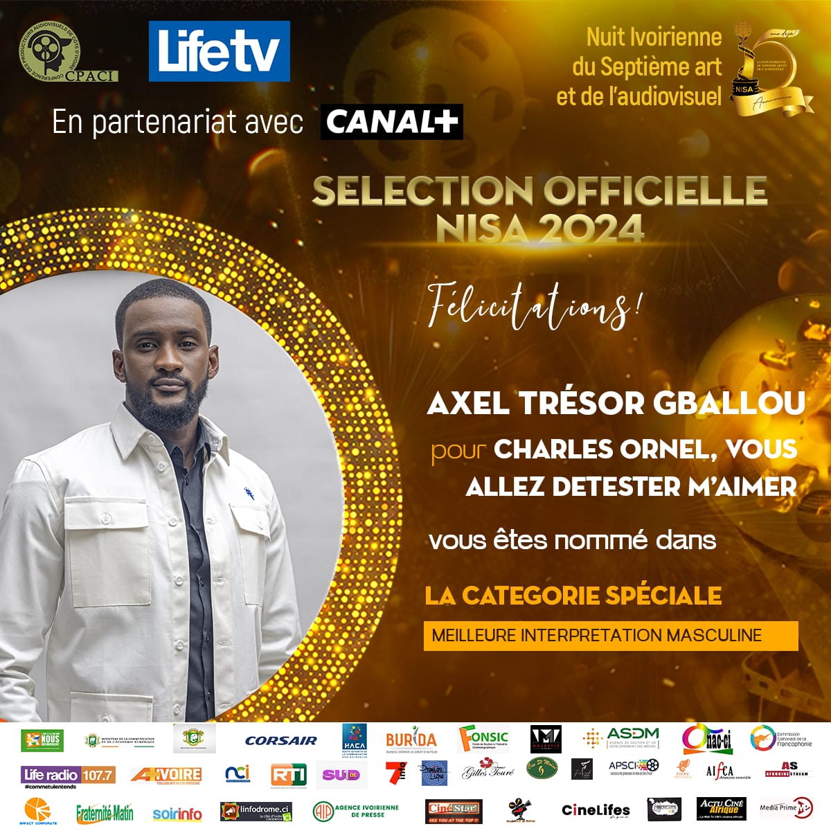 PRIX DE LA MEILLEURE INTERPRÉTATION MASCULINE: AXEL TRÉSOR GBALLOU pour CHARLES ORNEL, VOUS ALLEZ DÉTESTER M'AIMER